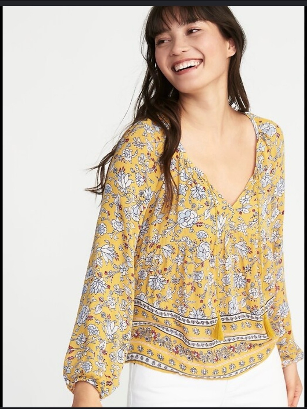 Old Navy Yellow Floral V-Neck Flowy Blouse